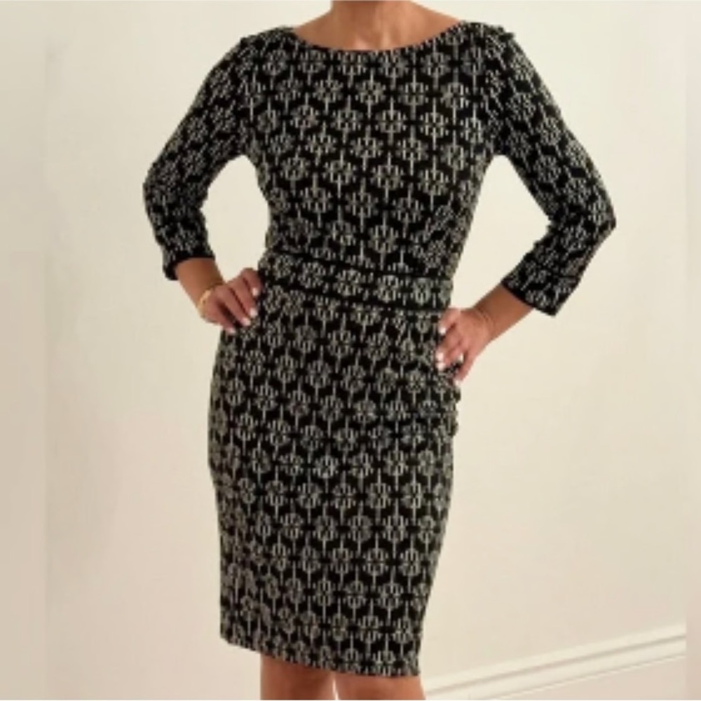 Tory Burch Silk Black and White Sheath Dress 3/4 Sleeve Boat Neck Medium EUC